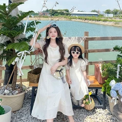 Mother and Daughter Matching White Dress Mom Baby Girls Equal Short Sleeve Dresses Mommy and Me Elegant Clothes Women Clothing