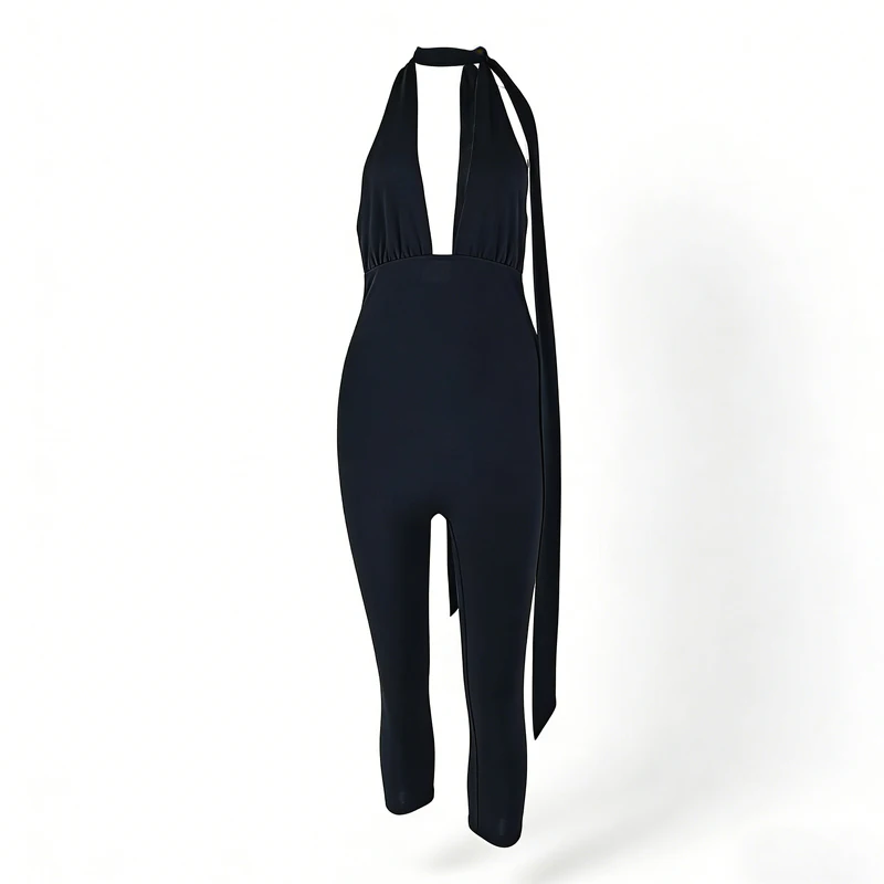 

Women's Black Halter Neck Sleeveless Bodycon Jumpsuit Deep V Neck Form Fitting One Piece Outfit for Club Night Out Evening Party