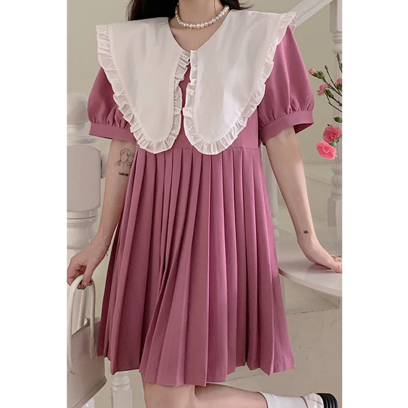 

Clothland Women Sweet Mini Pleated Vestido Peter Pan Collar Short Sleeve Preppy Style Cute Vestidos Mujer DA147