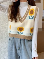 Zoki Vintage Print Sweaters Vest Women Korean V Neck Casual Sweet Knitted Tops Loose Retro Fall Female Floral Patchwork Vest New