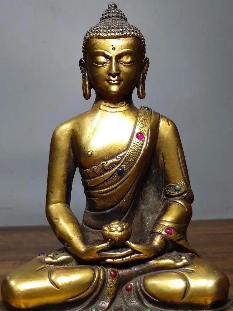 Old Chinese Carved Bronze Statue Gilding Inlay Jade Sakyamuni Buddha