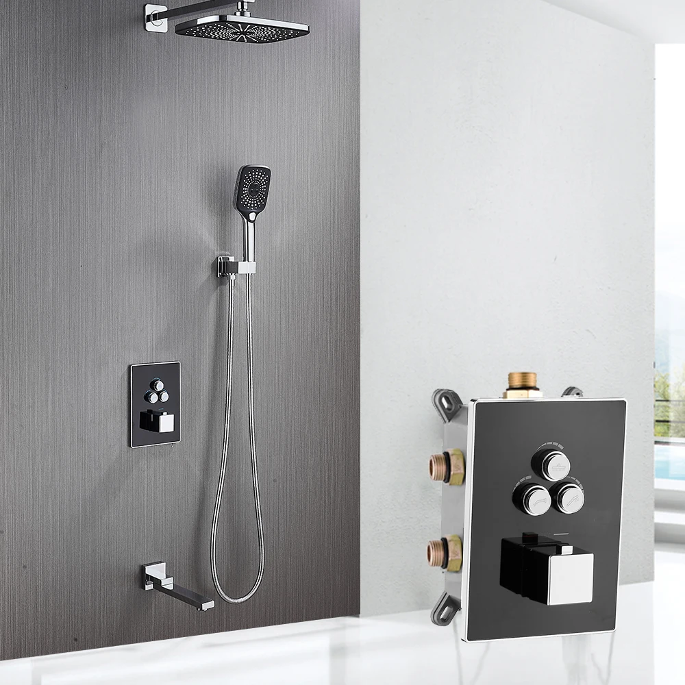 BAKALA Thermostatic Bathroom Shower Faucet Set Rainfall Waterfall Bathtub Mixer Tap Wall Mounted Button for Home Renovation
