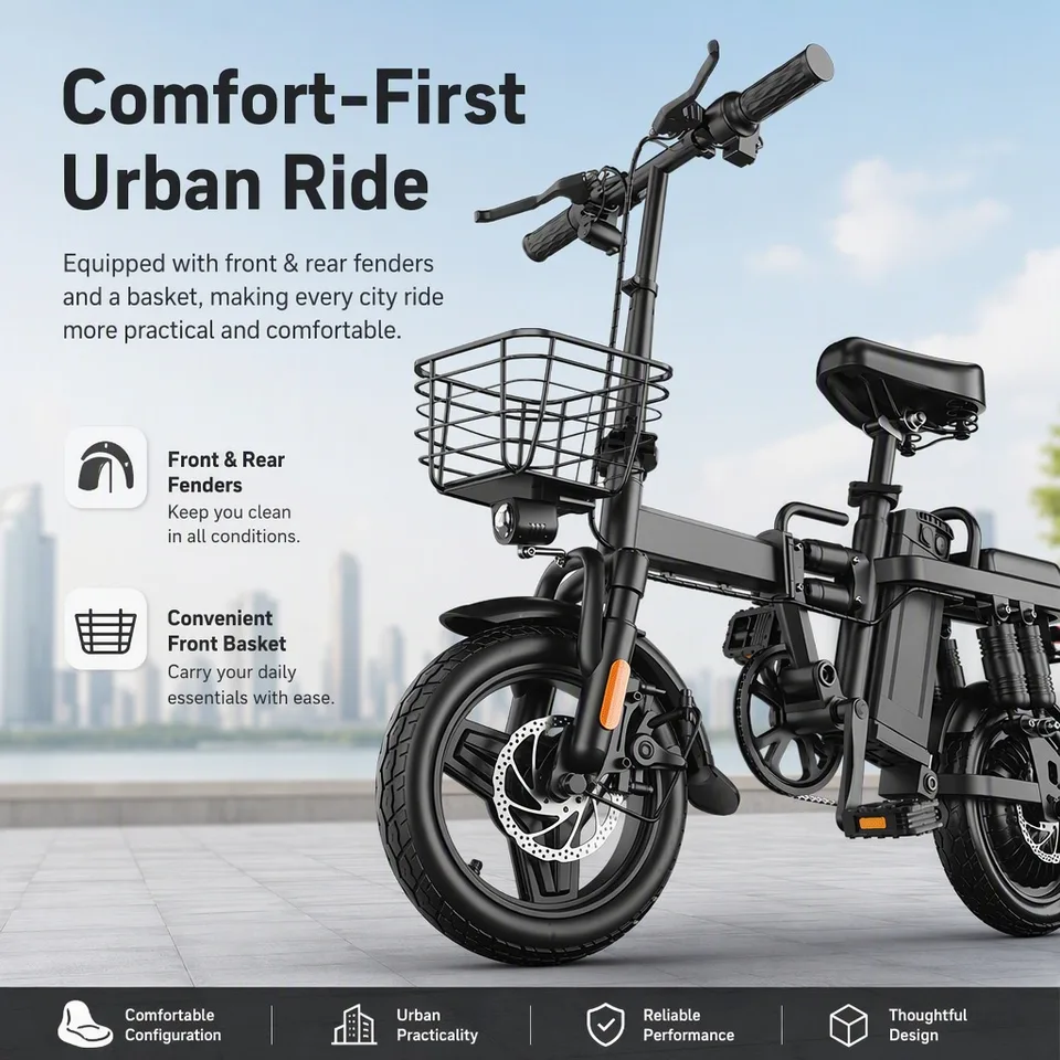 48V 500W Powerful Electric Bike 43km/h Top Speed, 48V 15Ah Battery Up to 60km Pedal Assist, Foldable 14" Frame, Dual Disc Brakes, 150kg Load Capacity, Front Basket & Fenders, Comfortable Urban Commuter E-Bicycle image 8