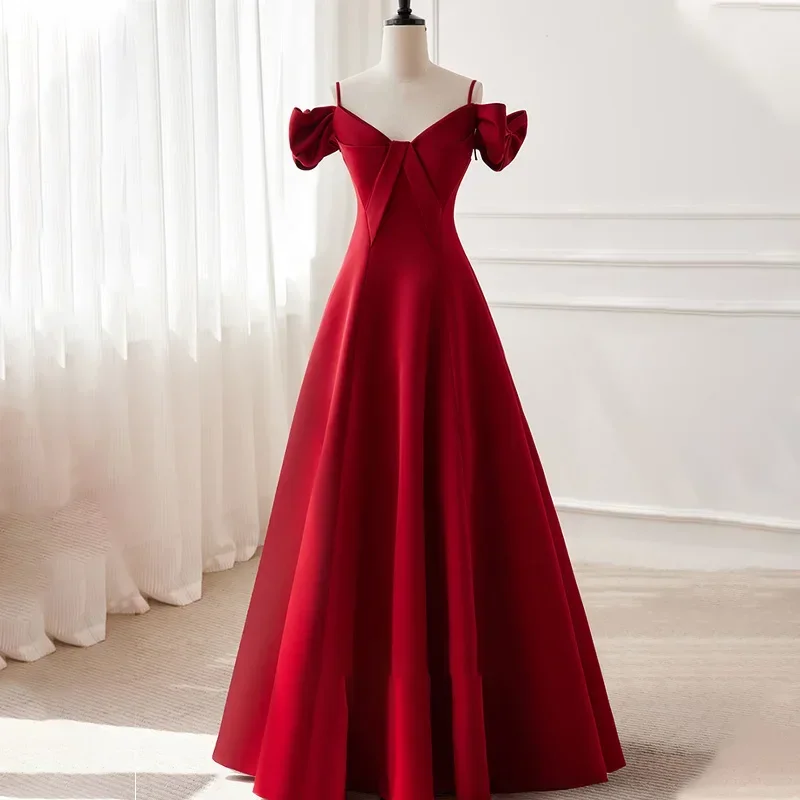 Evening Dress Wine red Sgaphetti Straps Off the Shoulder Sleeves bow Lace up A-line Floor Length Women Party FOrmal Gown B2789