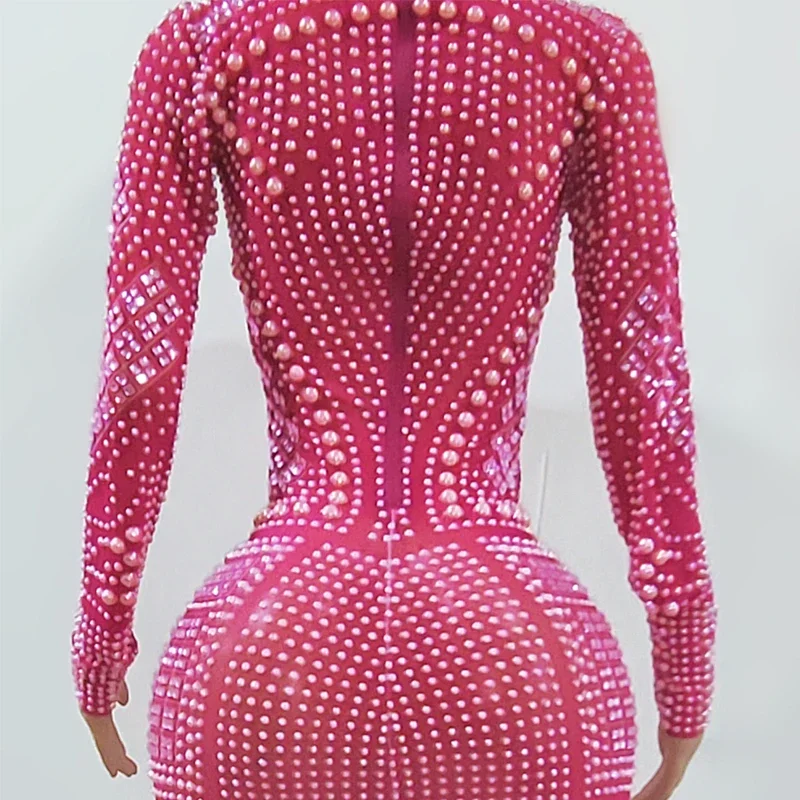 Błyszcząca Sukienka Wieczorowa z Perłami i Cyrkoniami na Imprezę, Kostium Sceniczny Damski na Festiwal, do Klubu Nocnego, dla DJ-a, Piosenkarki, Tancerki, XS6602