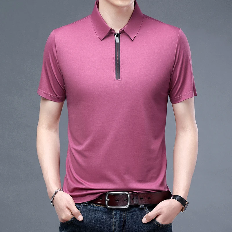 Ice Silk New Men Solid Polo Shirt Short Sleeve Polos Shirt Zipper Collar Fashion 2024 Summer Spring Thin Shirt Casual Loose Tops