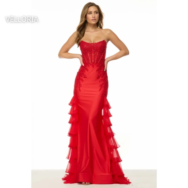 

Красное блестящее женское вечернее платье без бретелек, праздничное платье русалки, роскошное многоуровневое бальное платье с бисером, Vestdos De Fiesta по индивидуальному заказу