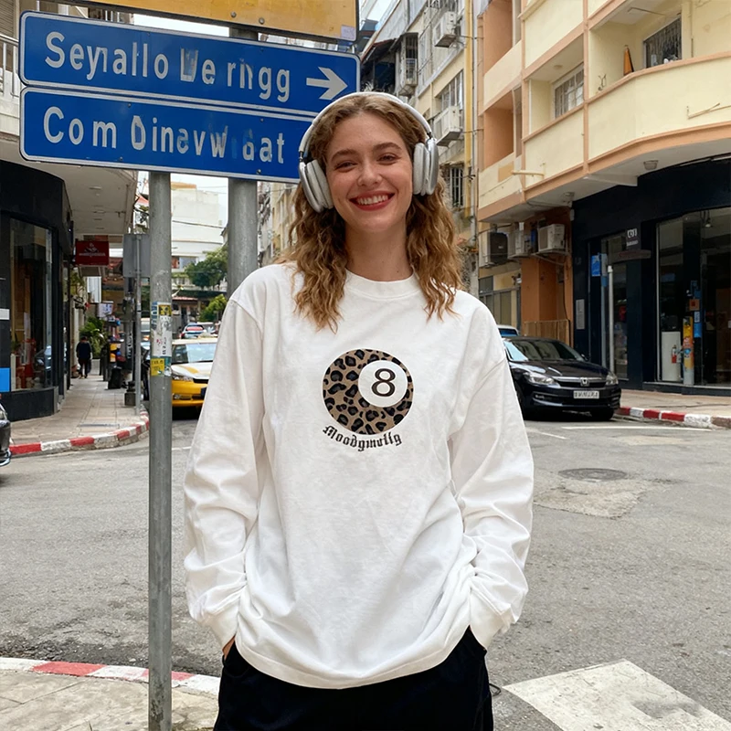 Leopard billiards Print T-shirt Women Men 2025 Autumn New 100%Cotton White Long Sleeves Oversize T-shirt Y2k Top Ladies clothing