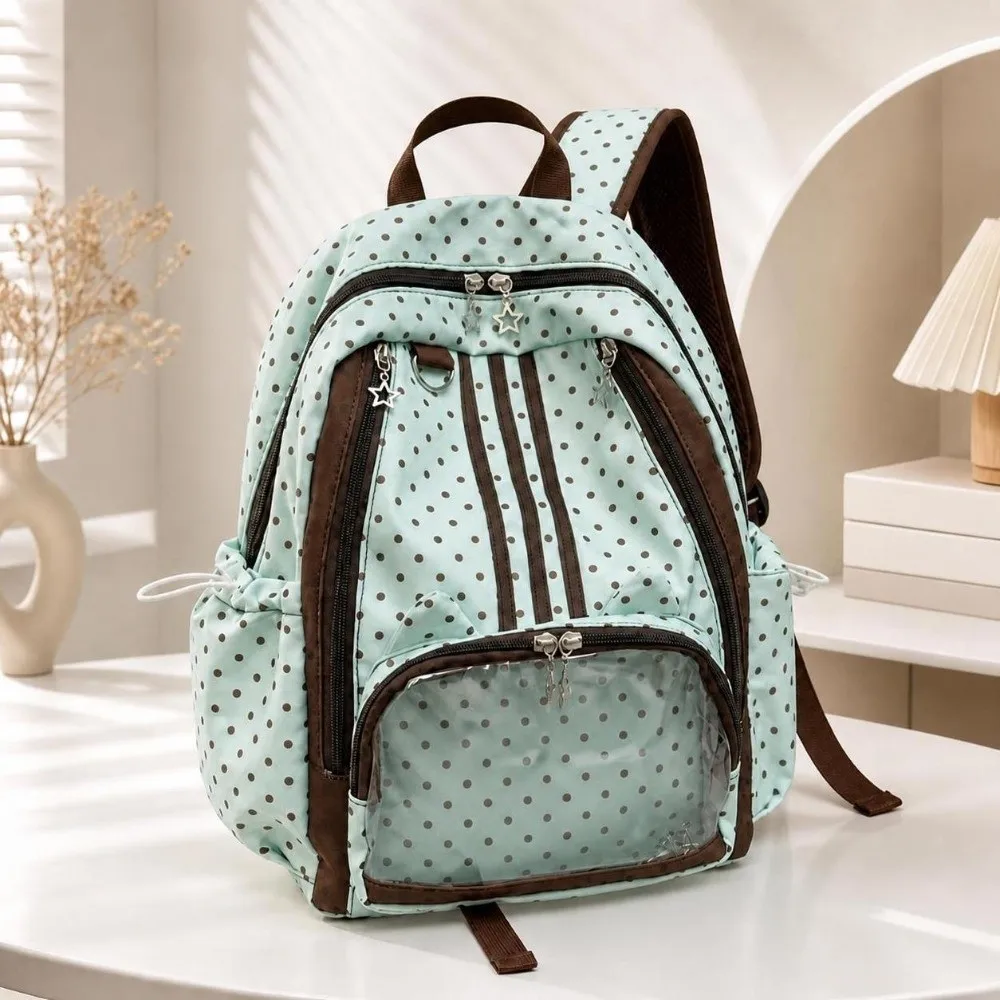 Kawaii Polka Dot Student Backpack Durable Transparent Pocket Rucksack Multi‑pocket Lightweight Backpack School