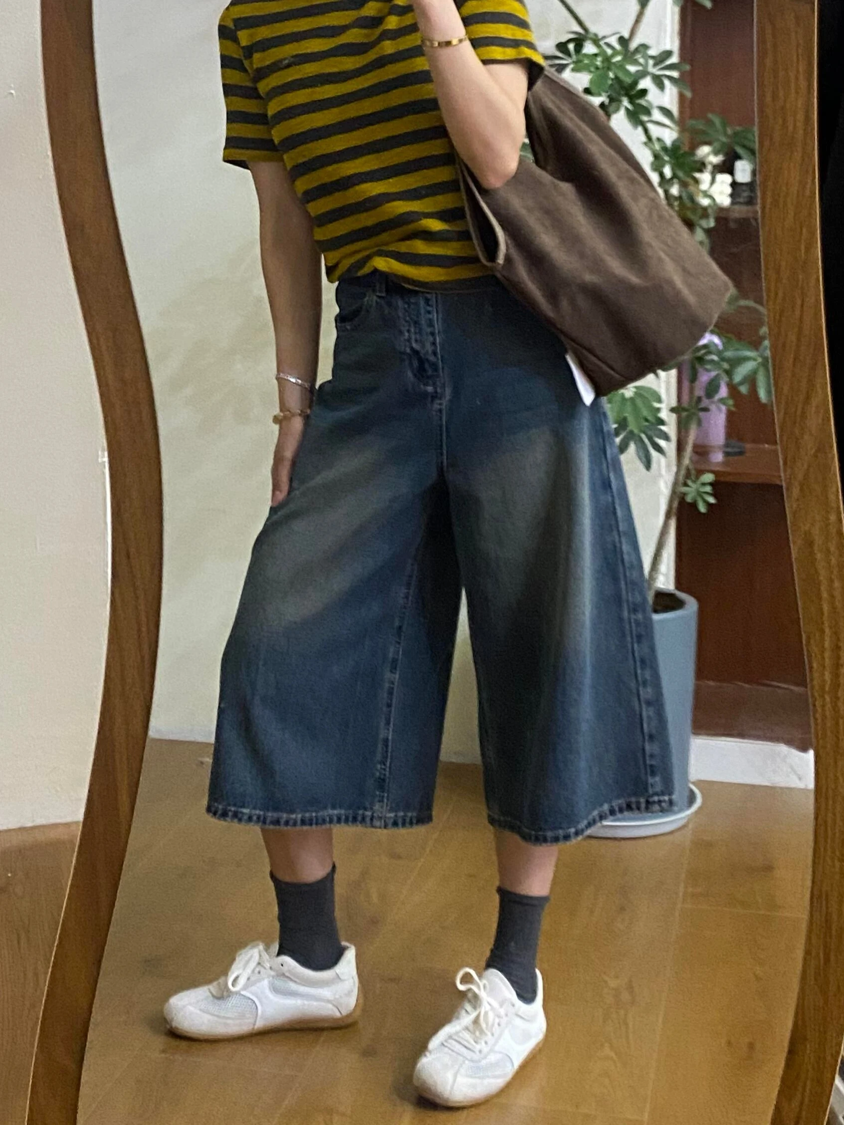 Jeans a Gamba Larga Stile Retrò Americano, Vita Alta, Casual, Comodi, Pantaloni a Tre Quarti per Donna, Colore Scuro, Vestibilità Aderente