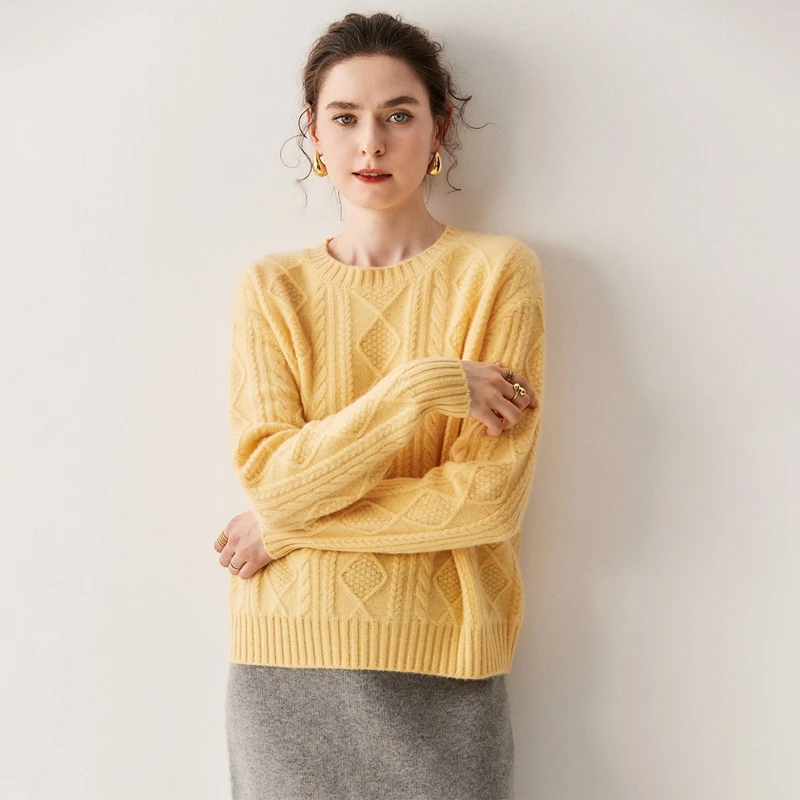

Literary Style High Quality 100% Cashmere Knitted O-Neck Cable Stitch Pullovers Thick Soft Warm Simple Women's Sweater Tops