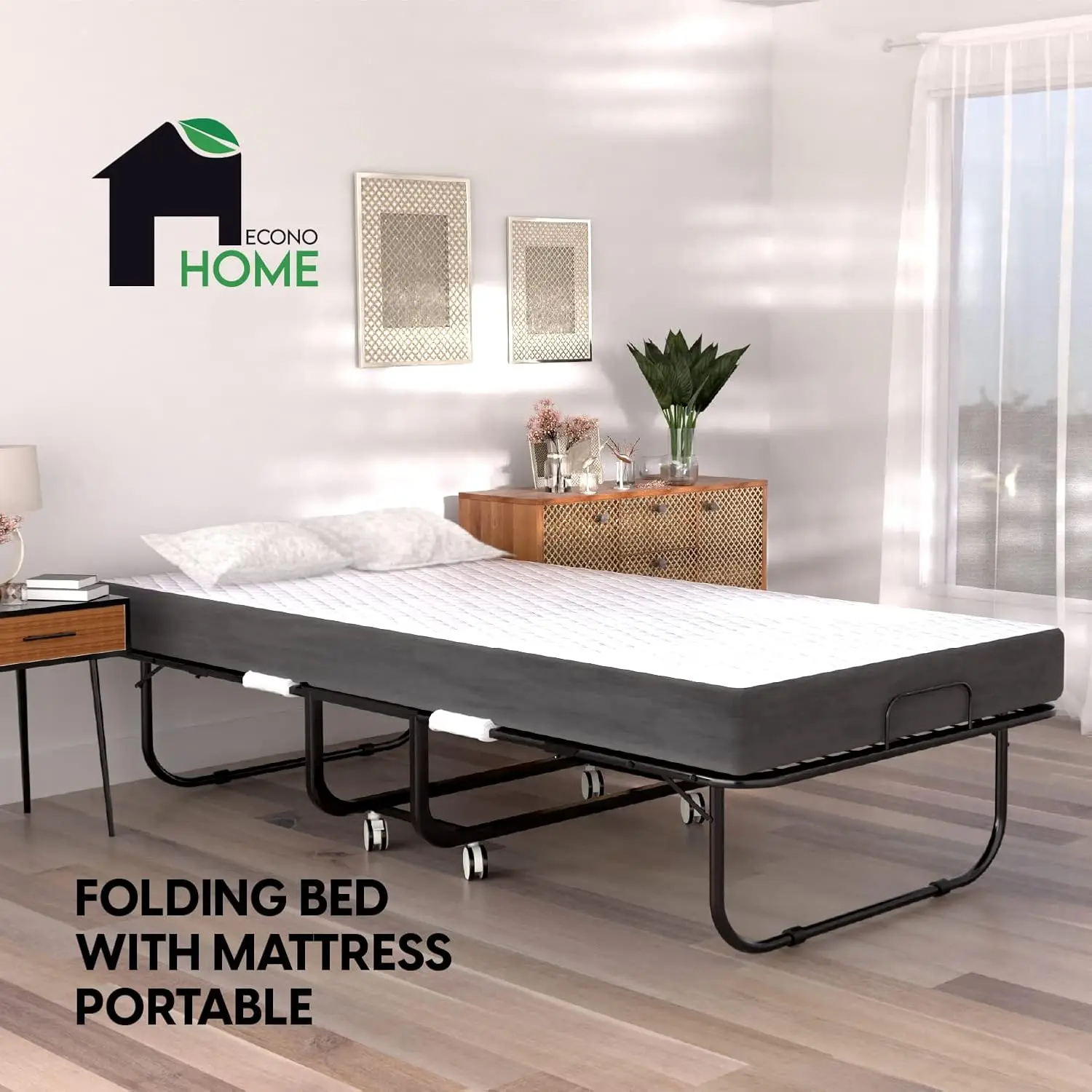 EconoHome Portable Folding Bed Space Saving 75x31 Cot Size Frame 5-inch Memory Foam Mattress Roll Away Bed Easy Storage