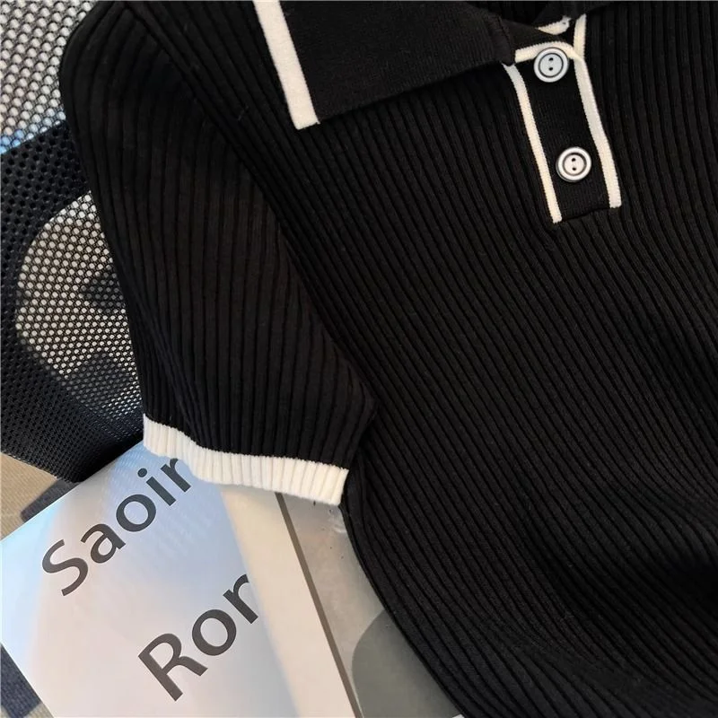 Versatile Minimalist Korean Style Solid Color Casual Summer Small Fragrance Collar Short Sleeved Knitted T-shirt Top For Women