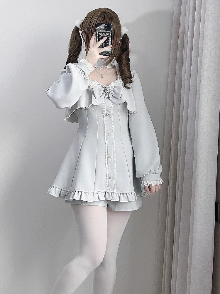 Japanese Style Mass-Produced Lace Square Collar Long Sleeve Ruffles Short Dress Top High Waist Shorts Two-Piece Set for Women