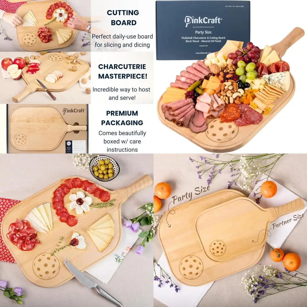 

Pickleball-Themed Charcuterie Board, Party-Sized 22.5x5.5x0.75, Birch Wood with Paddle Design and Mineral Oil