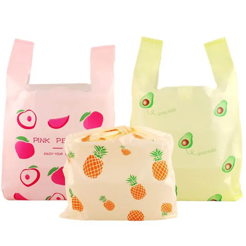 50Pcs Cartoon Fruit Plastic Bag Portable Food Packaging Bags With Handle Supermarket Shopping Bags Kitchen Storage Organizers