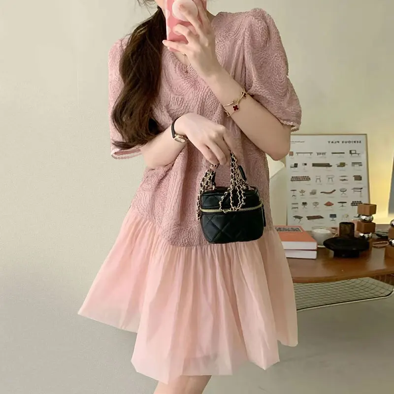 Elegancka letnia miękka niebieska okrągła spódnica z haftem, teksturowana, z efektem bąbelków, patchworkowa, w stylu koreańskim, z wysokim stanem, o kroju A...