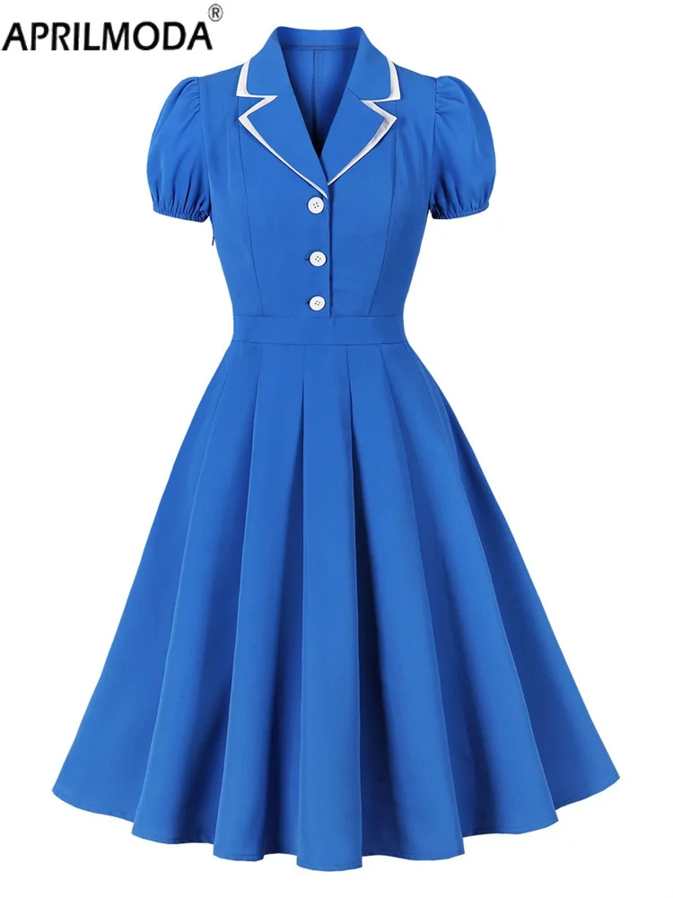 2025 French Style Blue Vintage Casual Swing A Line Dress Turn Down Collar Short Puff Sleeve Slim Fit Office Runway Elegant Dress