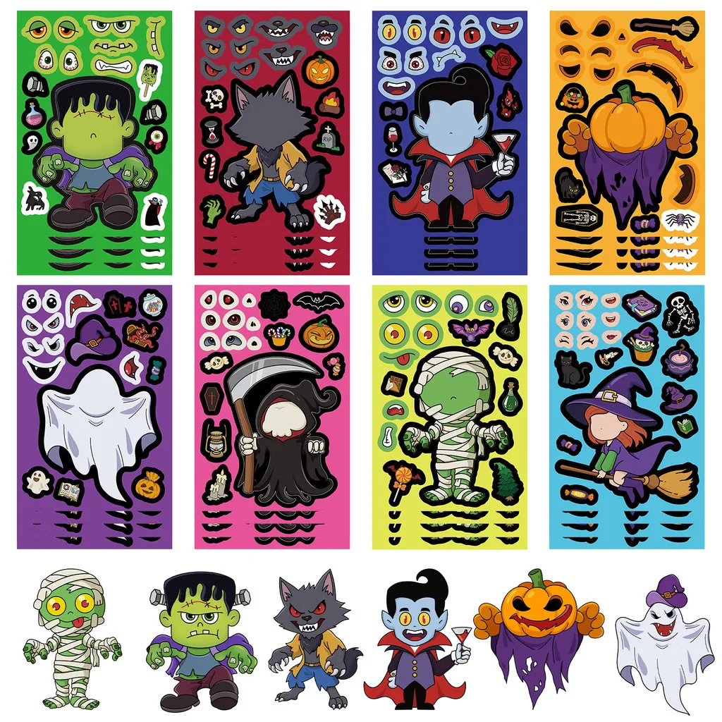 8Pcs Halloween Mix Match Face Collage Stickers, Spooky Cartoon Character Decals for Suitcase, Water Bottle Giajar Sticker Store