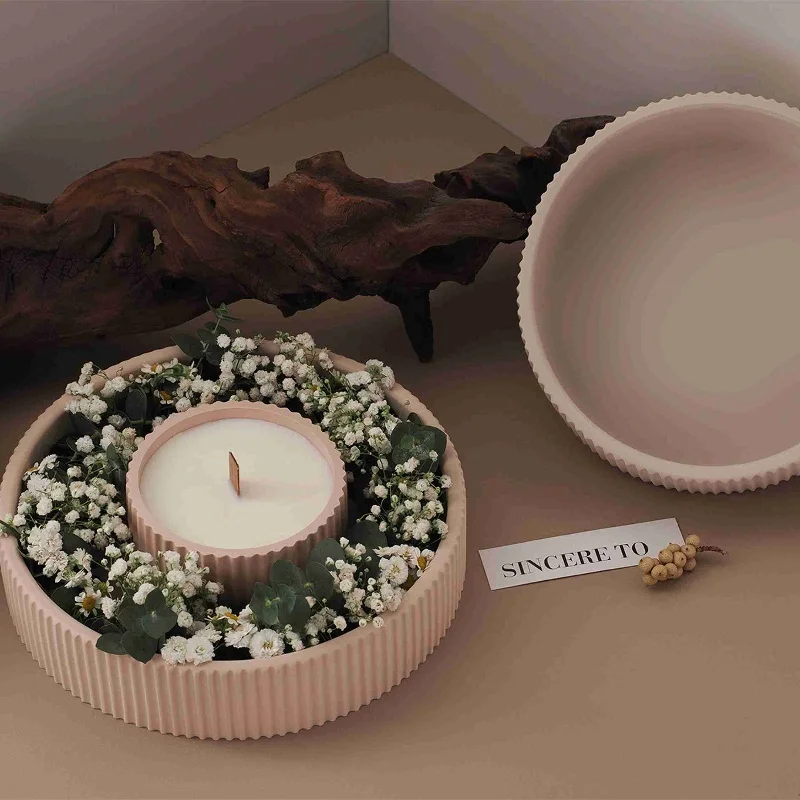Soporte de vela de Aroma de disco a rayas, molde de silicona, bandeja de almacenamiento de joyas DIY, moldes de resina Base de maceta