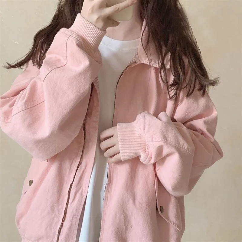 Pink Jackets Women Solid Korean Style Loose Casual All-match Streetwear Autumn Ins Fashion Turn-down Collar Simple Lovely New