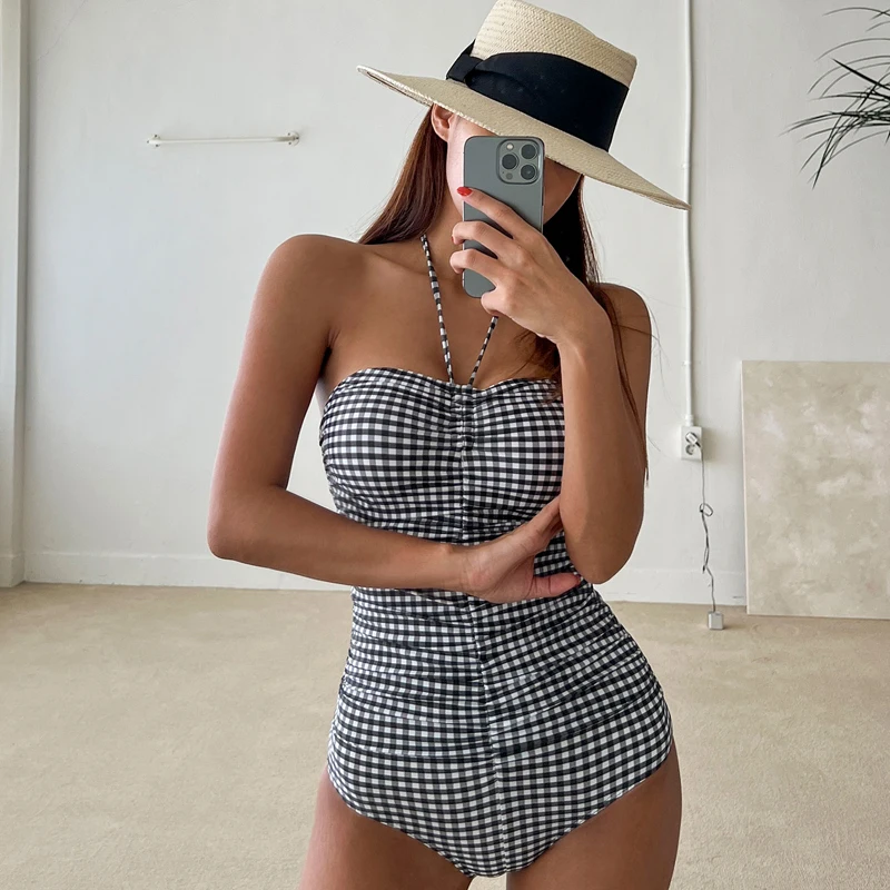 Women Sexy Bandeau One Piece Swimsuit Korea Style Swimwear Pink Plaid Monokini Open Back Backless Bandage Push Up Bathing Suit