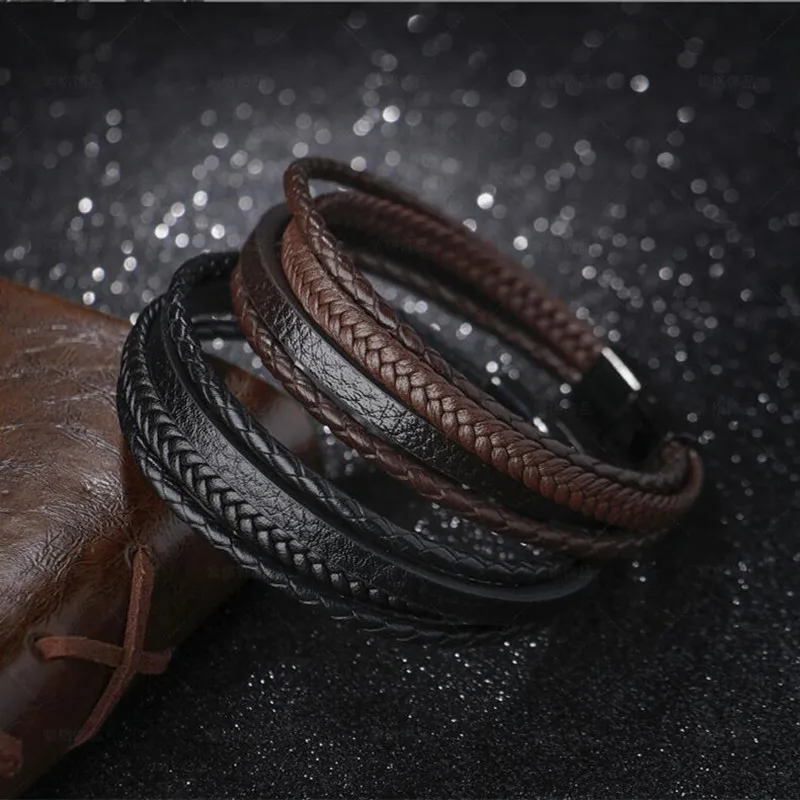 Trendy Leather Bracelets Men Stainless Steel Multilayer Braided Rope Bracelets for Male Female Bracelets Jewelry