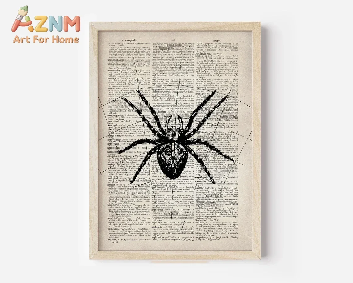 AZNM Vintage Dictionary Page Spider Canvas Wall Art Black Spider Line Art Retro Halloween Gothic Art Print Unframed Canvas Poste