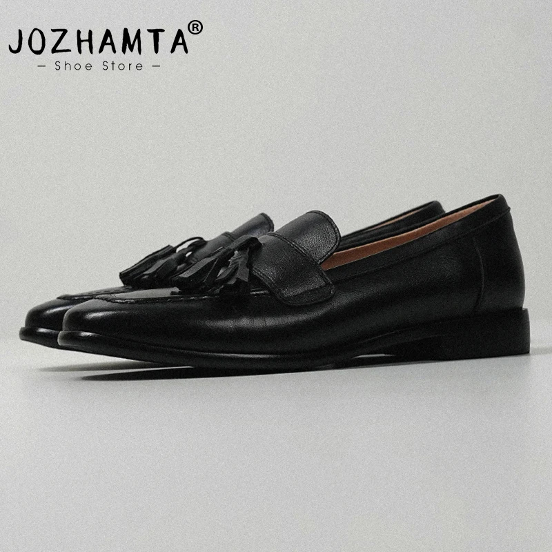 JOZHAMTA Women Casual Loafers Flats Shoes Real Leather Tassel Classic Low Heels Shoes Vintage Office Lady Daily Dress Size 34-39