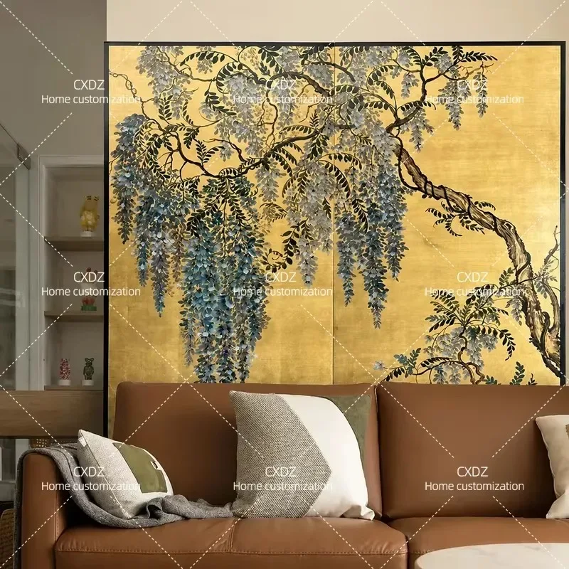 Customizable Medieval Style Gold Foil Folding Screen Portable Entrance Partition for Home Tea Room Corner Blocking Short