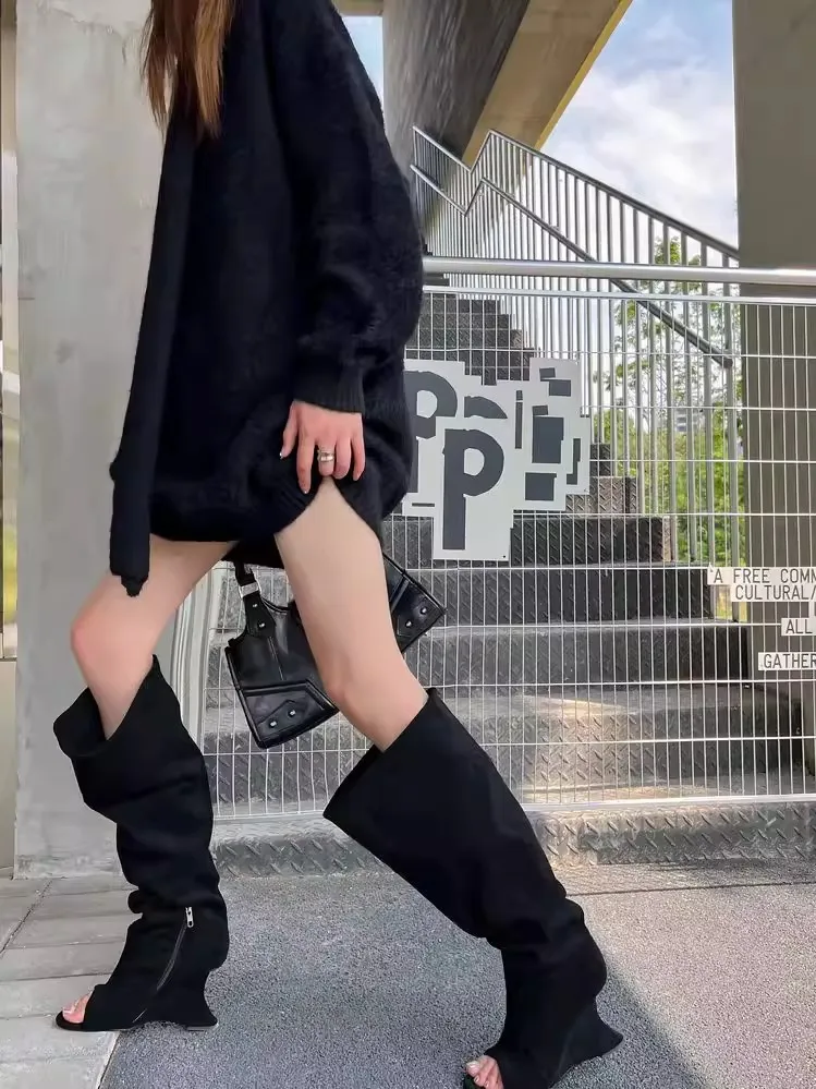 2026 Women's Fish Mouth Thick High Heels Knee Length Cool Boots Slant Heel Fashion Show Large Size Spring/Summer Women's Boots