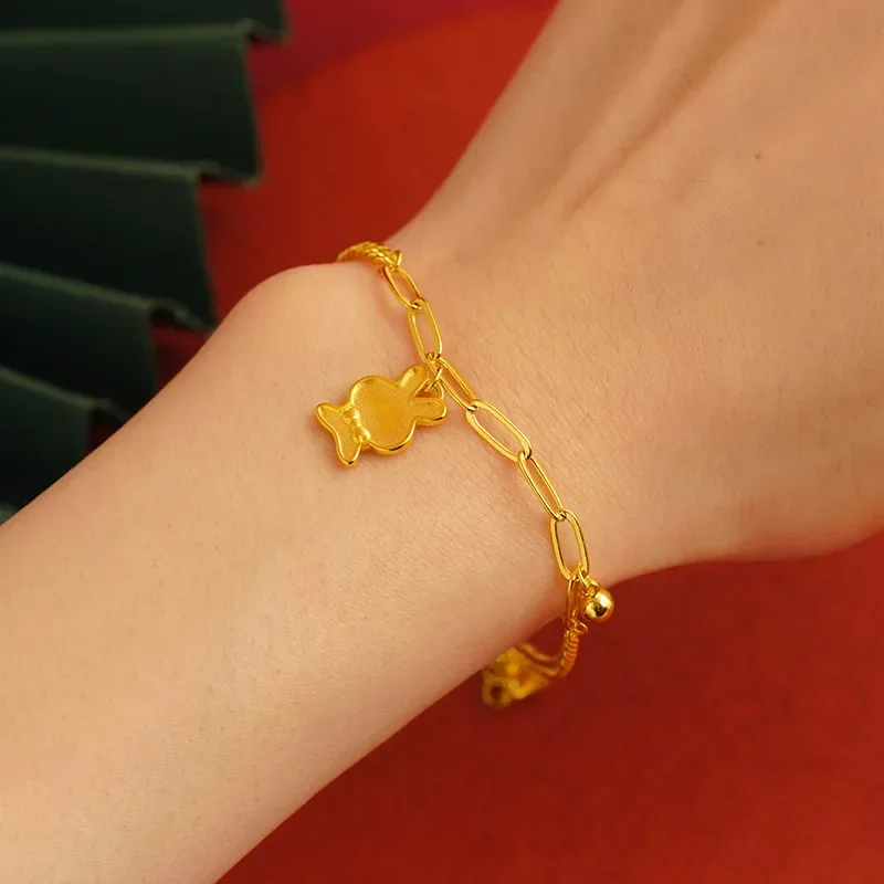 GoldEclat   Luxury 24K 9999 Pure Gold real gold Women's cute cartoon cute rabbit bracelet clavicle necklace