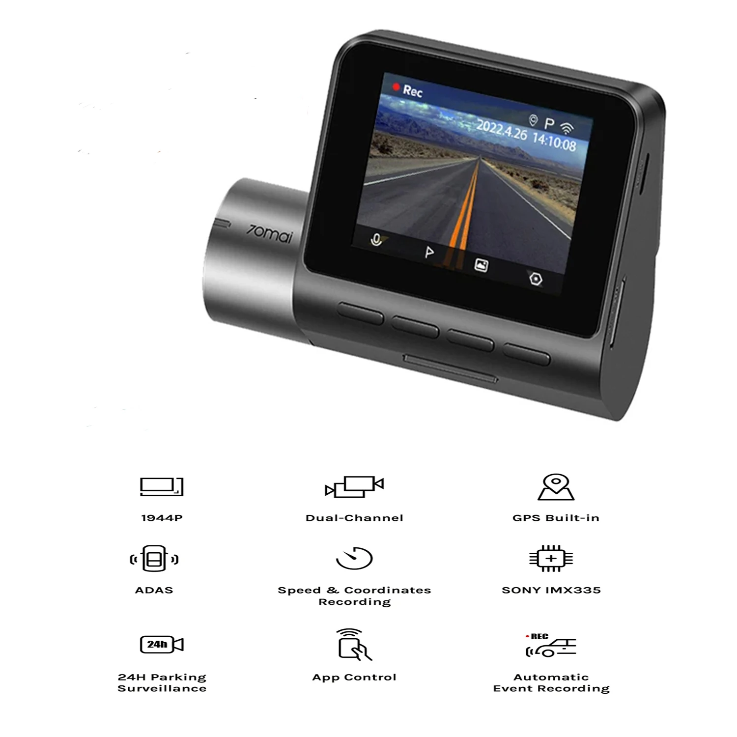 

70Mai True 2.7K 1944P Ultra Full HD Dash Cam A500S, Front and Rear, Built in WiFi GPS, ADAS, Sony IMX335, 2'