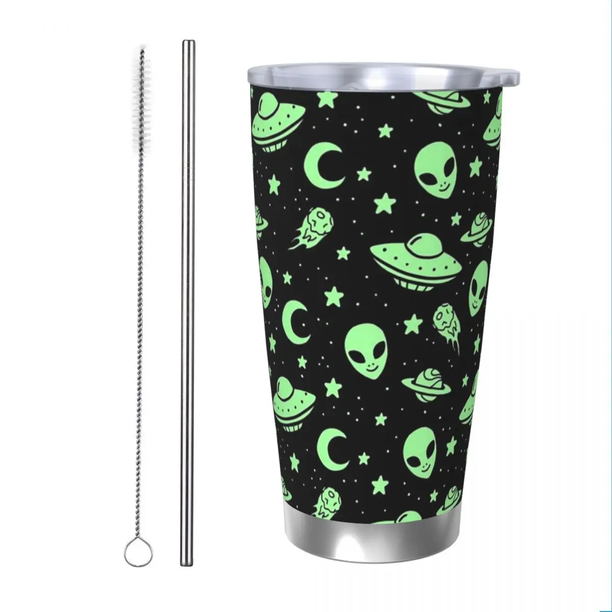 UFO And Alien Pattern Insulated Tumbler with Straws Stainless Steel Thermal Mug Double Wall Hot Cold Drinks Cup, 20oz