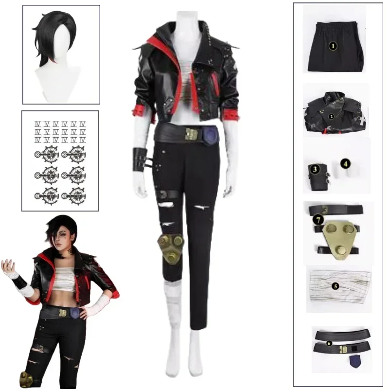 

Game Vi Acrane Cosplay Costume Wig Tattoo Stickers Leather Battle Uniform Arcane Vi Outfit 2025 Woman Halloween Carnival Suit