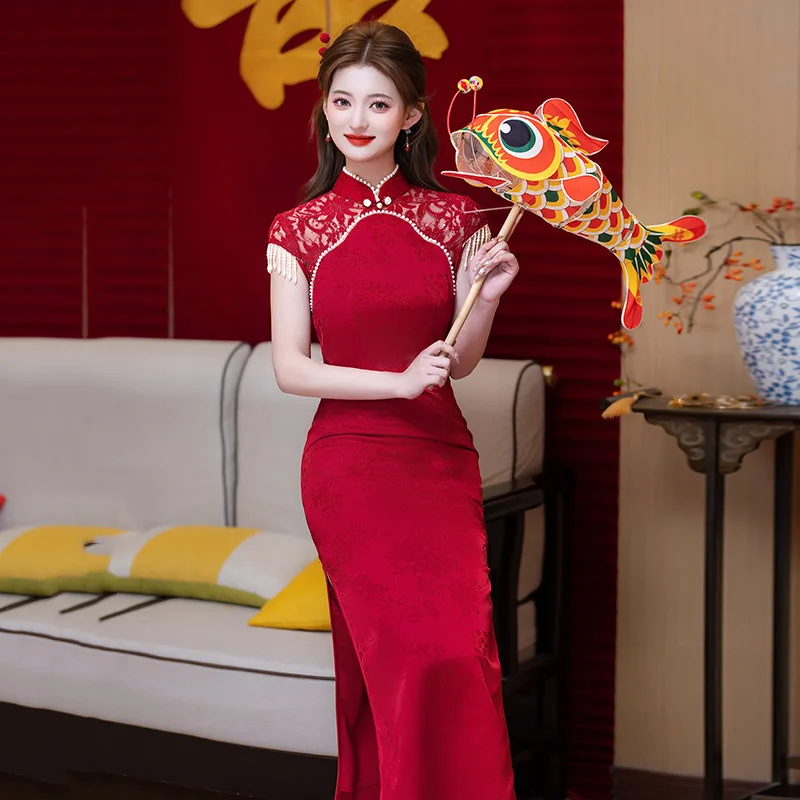 

Red Lace Cheongsam Short Sleeve Improved Vintage Fishtail Dress Women Wedding Costumes Qipao S To XXXL