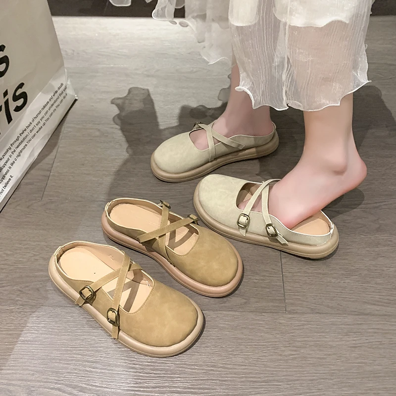 2024 Women's SummerNew Fashion Buckle Designer Slippers Outdoor Slingback Casual Comfortable Flat Non-Slip Women's Mules Zapatos