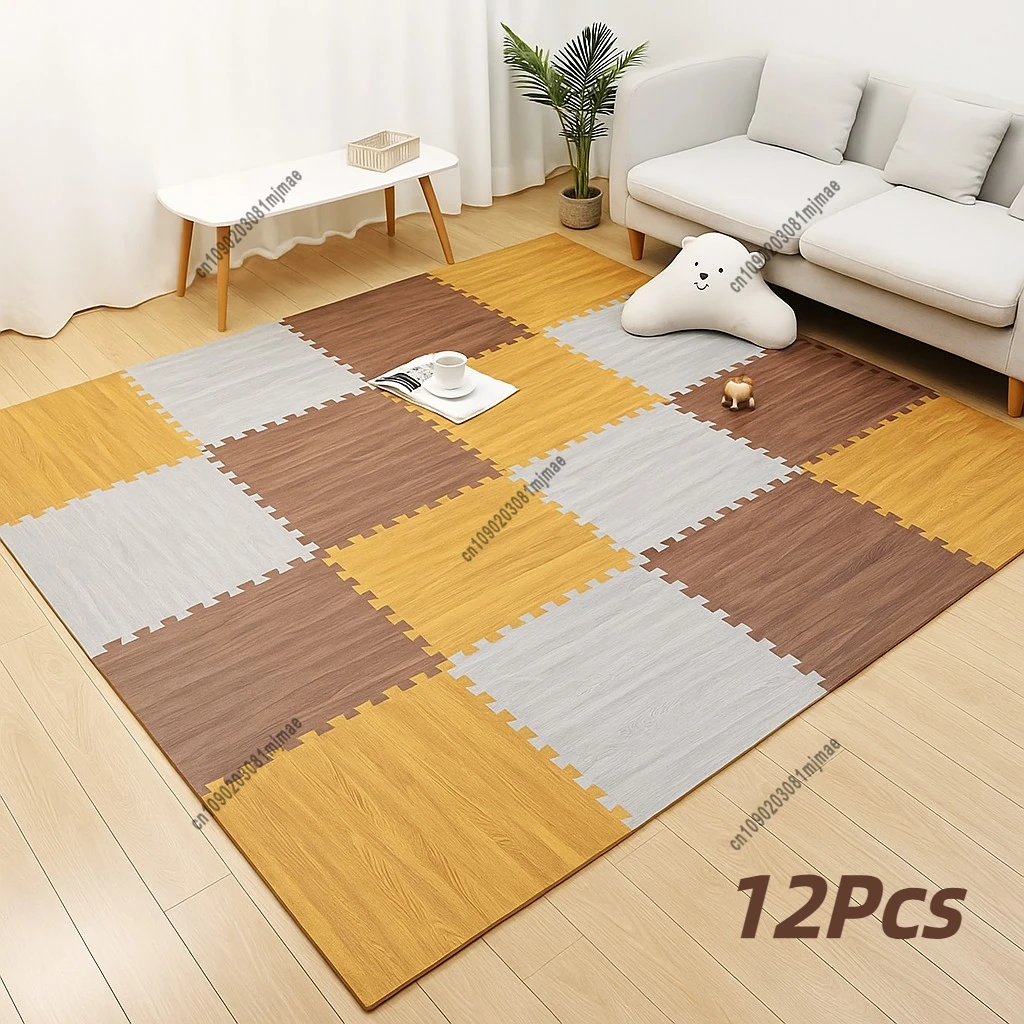 12 Pcs Wood Grain Puzzle Flooring Soft Children Play Mat EVA Foam Interlock Non Slip Crawling Mat Living Room Decorative Floor