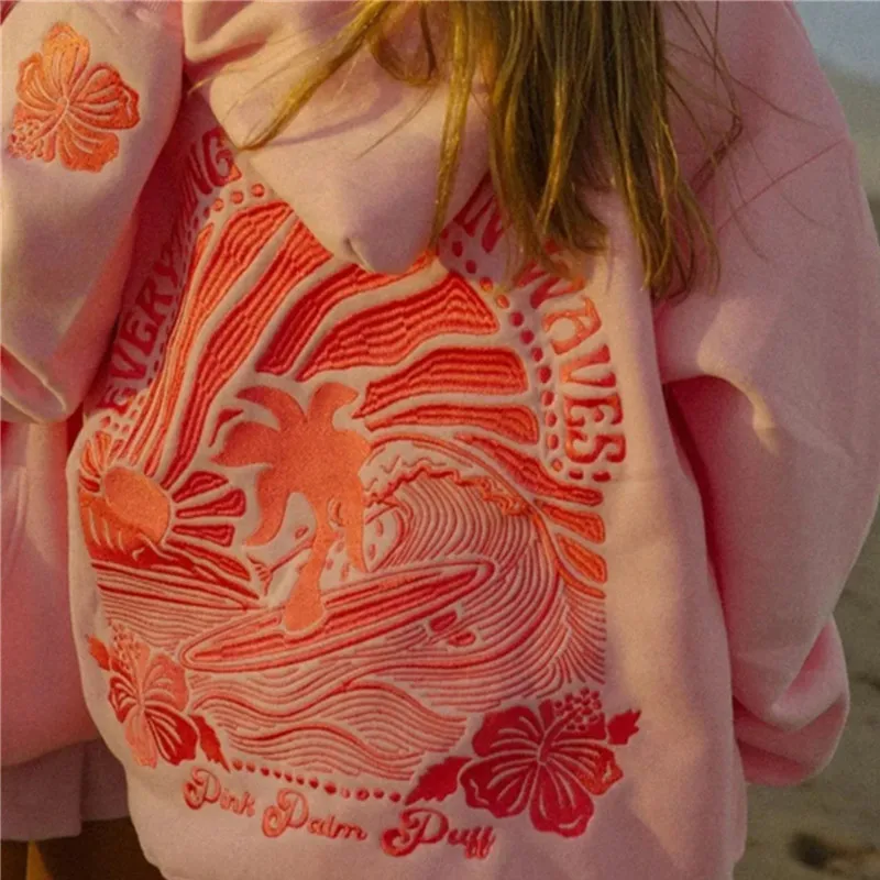 

PINK PALM PUFF embroider Women Sweatshirts Harajuku Big Size Pullover Fashion Street Clothing Loose Sweatshirt Oversize Female H
