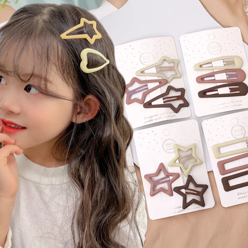 3pcs Korean Frosted Hairpins for Girls Star Oval Triangle Square Heart Hair Clips for Kids Snap Hair Clips Hairpins Click Clack