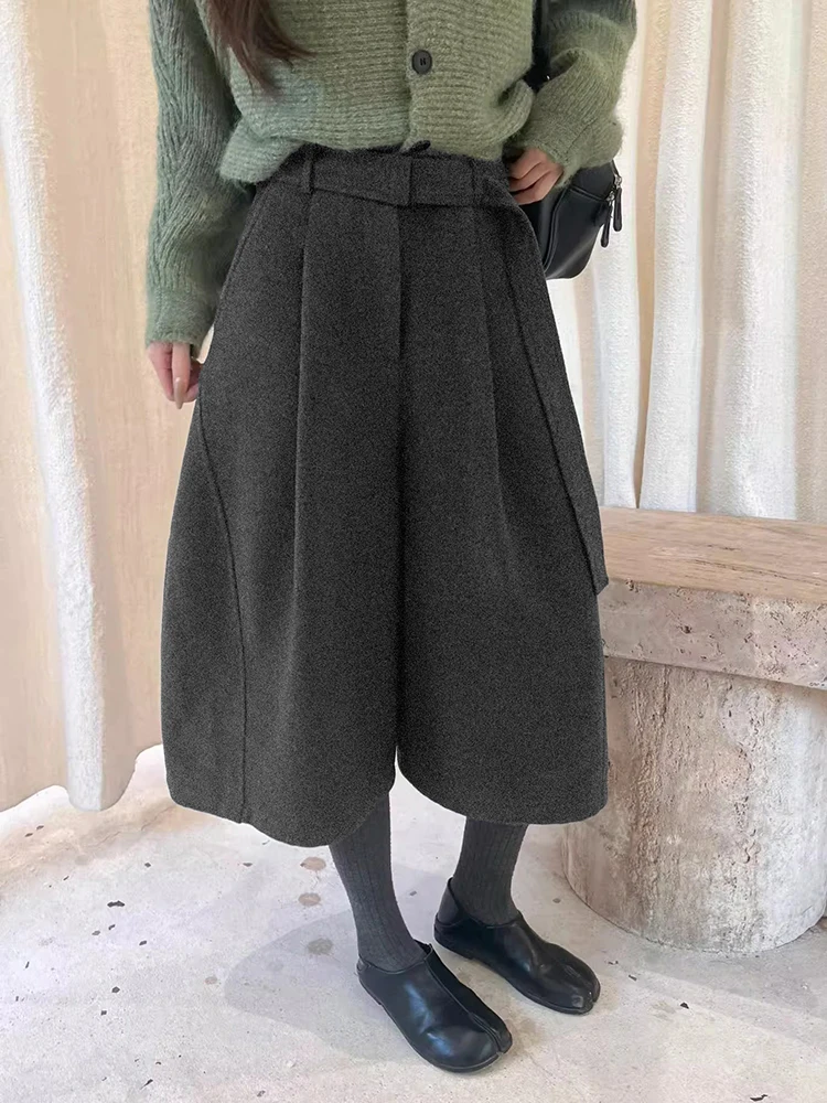 ReddaChic habillé plis Tweed Shorts unisexe Bloomers bureau décontracté ceinture ample taille basse jambe large Baggy pantalon hiver femmes vêtements