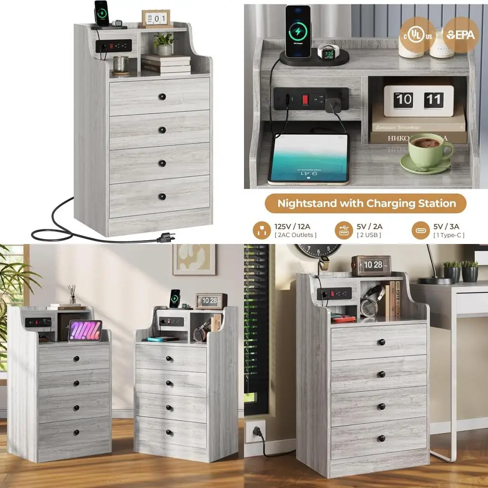 

Charging Station Nightstand with Power Outlets, 4 Drawers Storage Bedside Table, Modern End Table for Bedroom