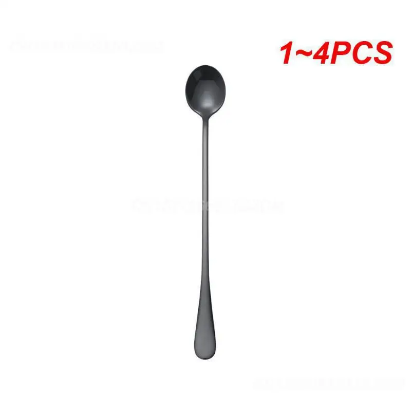 1~4PCS Black Long Handle Tea Spoons Juice Stirring Cutlery Stainless Steel Coffee Spoon Drinking Flatware Kitchen Drop Shipping