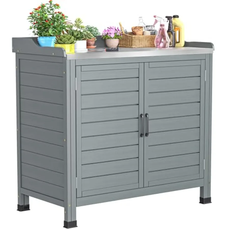 Outdoor garden potting bench for patio, yard, and garden use; metal tabletop with wooden frame; grey color; includes storage ca