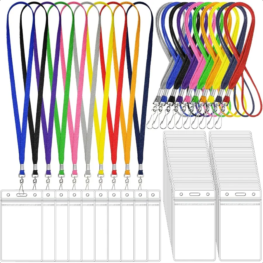 

100 Set Name Tag Lanyards with ID Holder Clear ID Name Badges Lanyards Bulk Clip Waterproof Plastic Card Holders for Adults Bus