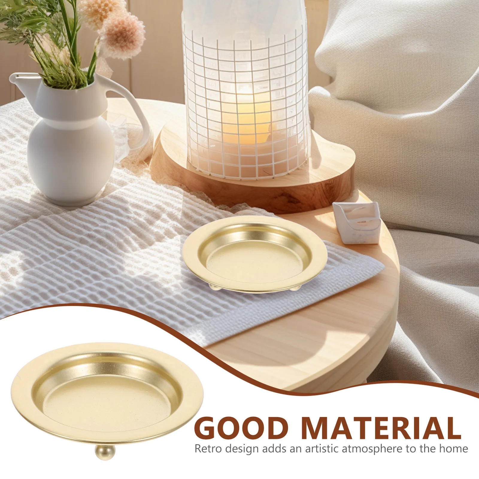 4Pcs Vintage Tray Set Gold Iron Plate Round Porcelain Base Decorative Pillar Holder Wax Catcher Table Decorations view 3