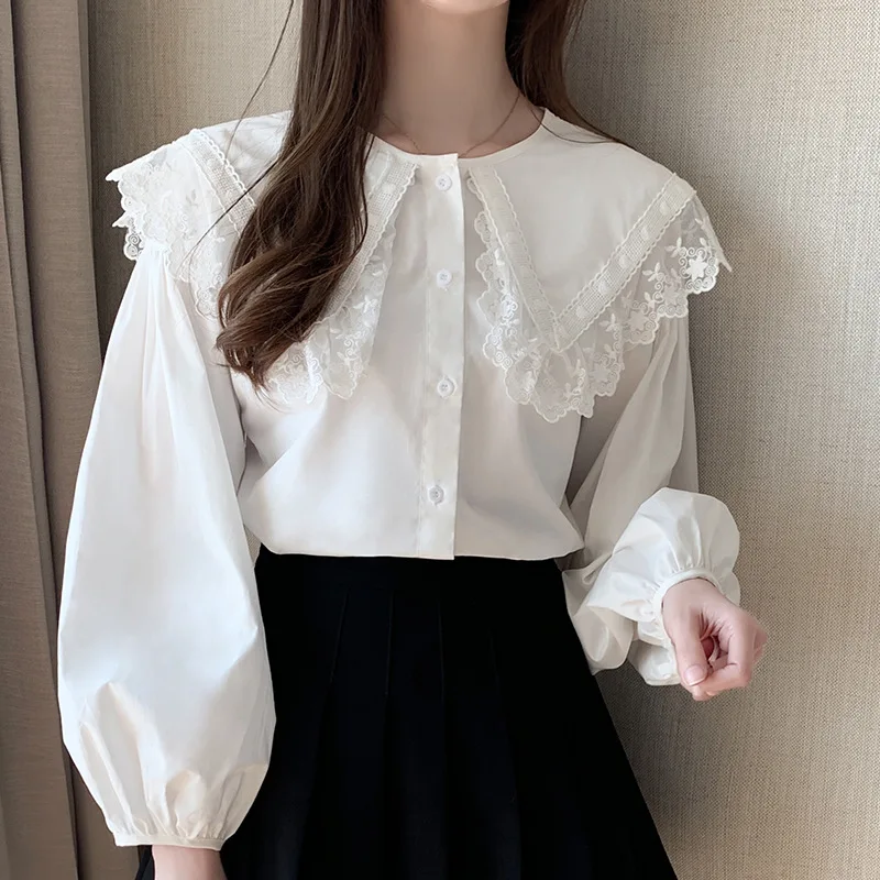 2026 Autumn New Hot Selling Cotton Patchwork Lace Doll Collar Simple Lantern Sleeve Shirt Top for Women