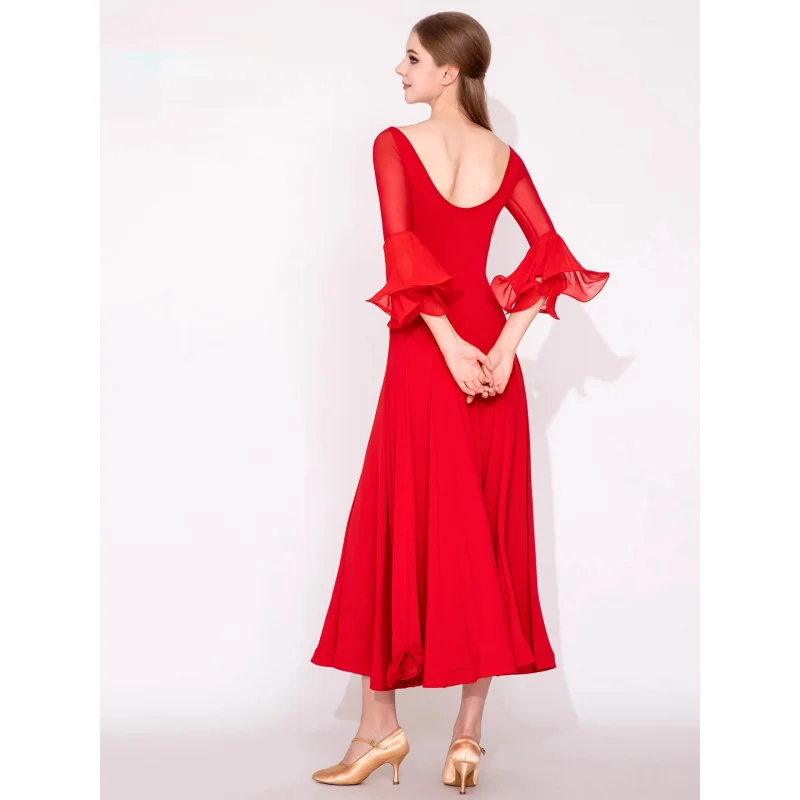 Nuevo vestido de baile latino de media manga con volantes y cuello en V para mujer, Ropa de baile de salón de vals moderna, traje de práctica de actuación MY936