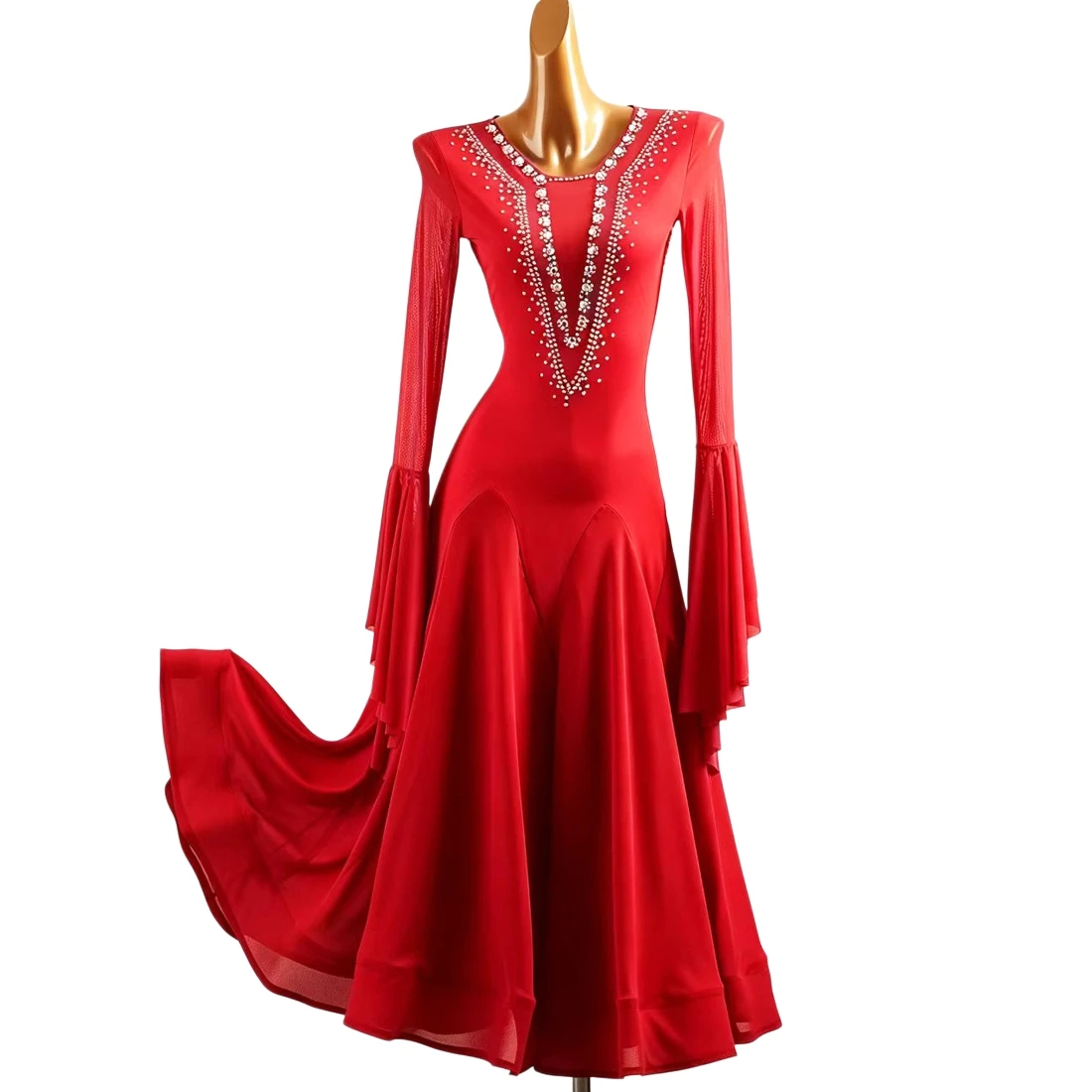 

2026 Modern Dance Dress Sapphire Blue Trumpet Sleeves Diamond-encrusted Stage Wear Ballroom Dance Competition Dance Dress