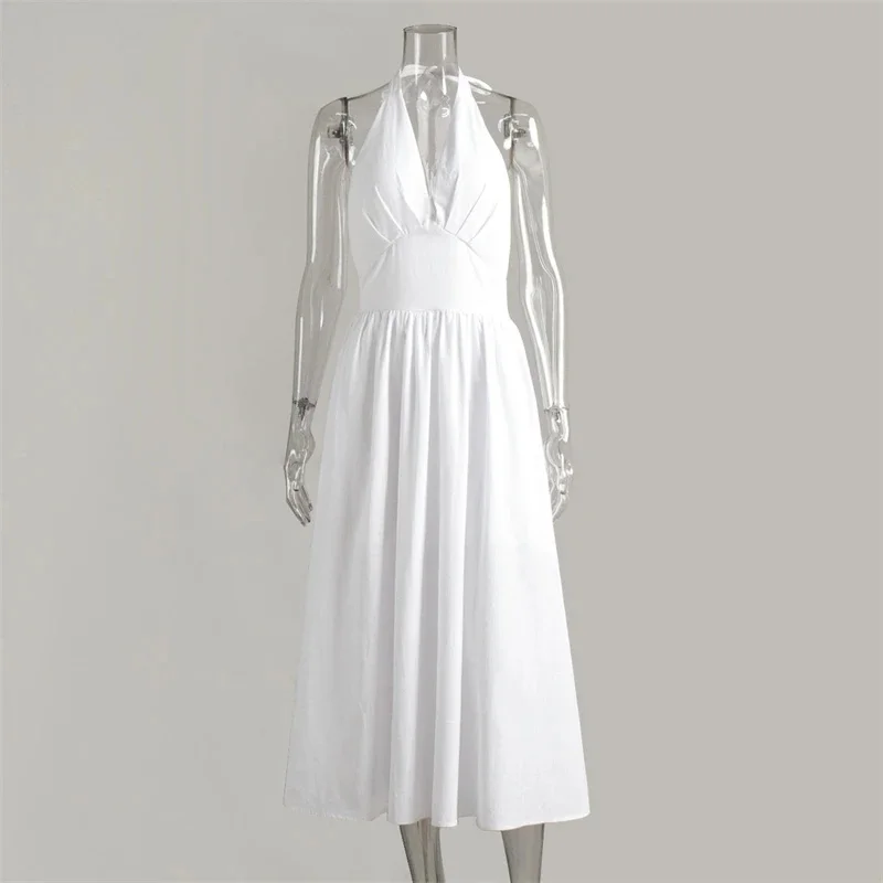 Spring Summer V Neck Tie Waist Maxi Dress Elegant Cotton Flared Dress Fashionable Women's Casual Solid Color Dress Multi Color